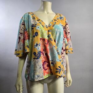 Umgee Green and Pink Graphic Wrap Blouse